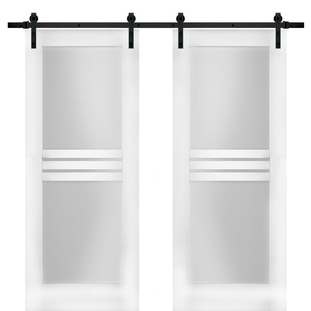 Modern Double Barn Door 64 x 96 inches with Opaque Glass 4 Lites/Mela 7222 White Silk/Stainless Steel 13FT Rail Track Set/Solid Panel Interior Doors Modern Double Barn Door 64 x 96 inches with Opaque Glass 4 Lites/Mela 7222 White Silk/Stainless Steel 13FT Rail Track Set/Solid Panel Interior Doors